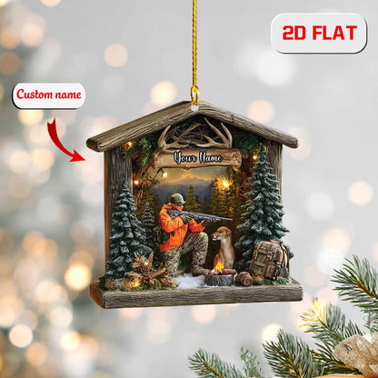 Personalized Hunting Ornament, Custom Name Hunter and Dog Christmas Ornament, Deer Hunting Holiday Decor, Outdoor Adventure Gift