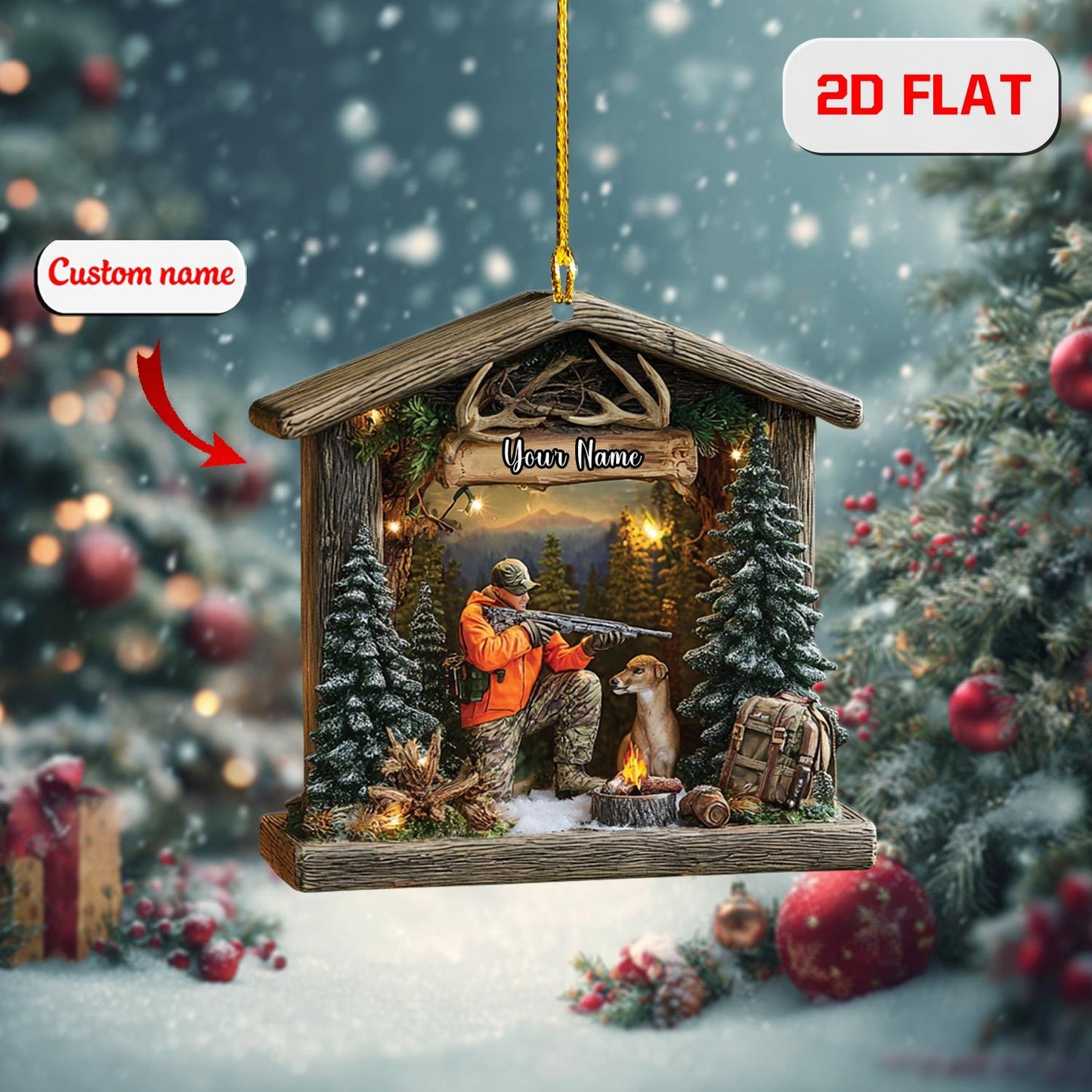 Personalized Hunting Ornament, Custom Name Hunter and Dog Christmas Ornament, Deer Hunting Holiday Decor, Outdoor Adventure Gift