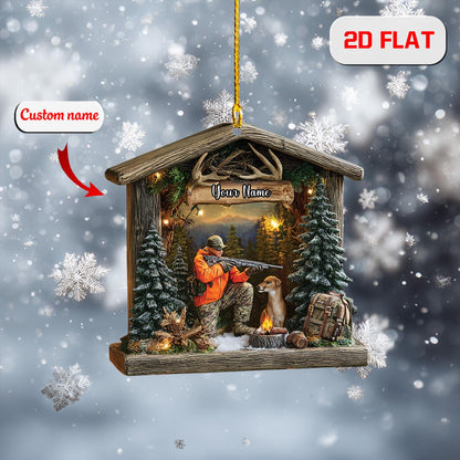 Personalized Hunting Ornament, Custom Name Hunter and Dog Christmas Ornament, Deer Hunting Holiday Decor, Outdoor Adventure Gift