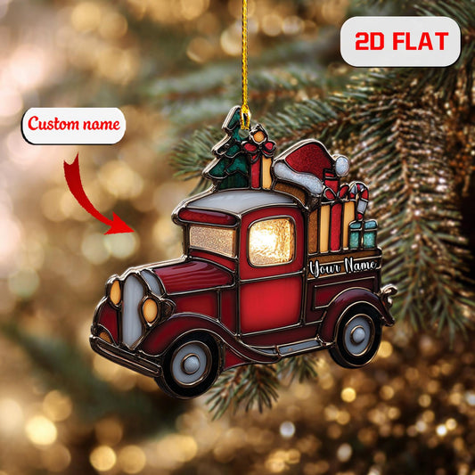Personalized Red Truck Ornament, Custom Name Christmas Ornament with Gifts and Tree, Vintage Holiday Decor, Rustic Farmhouse Xmas Gift