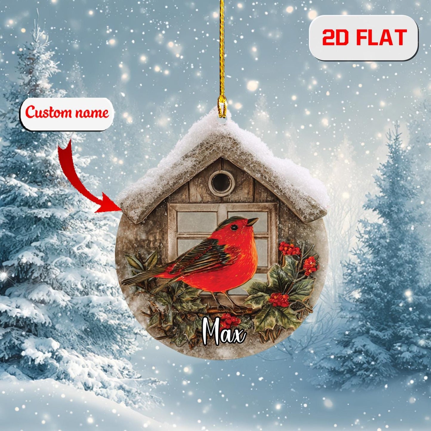 Personalized Cardinal Ornament, Custom Name Red Bird Christmas Ornament, Winter Cardinal Decor, Memorial Holiday Gift, Rustic Xmas Ornament