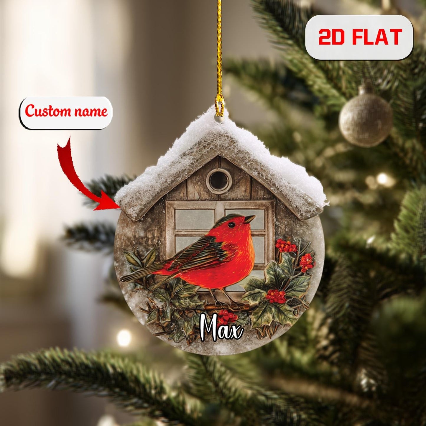 Personalized Cardinal Ornament, Custom Name Red Bird Christmas Ornament, Winter Cardinal Decor, Memorial Holiday Gift, Rustic Xmas Ornament