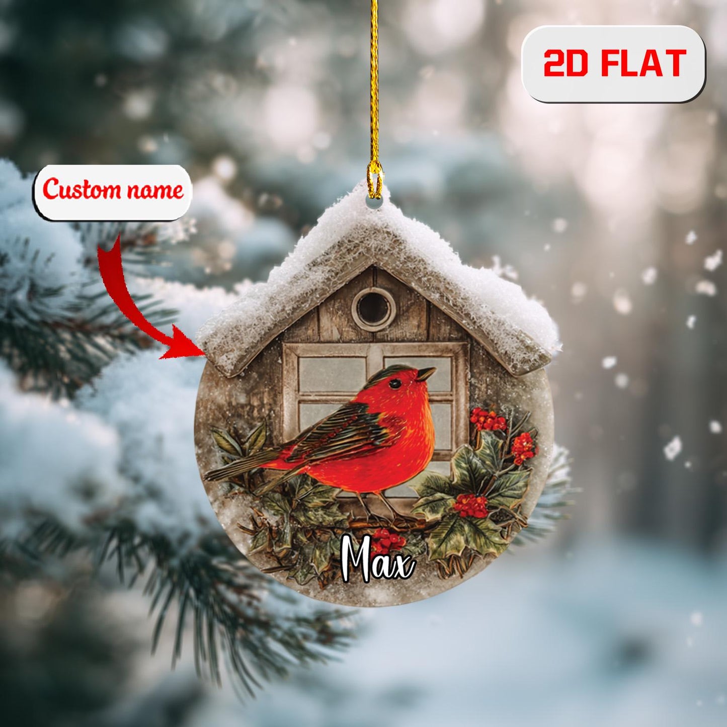 Personalized Cardinal Ornament, Custom Name Red Bird Christmas Ornament, Winter Cardinal Decor, Memorial Holiday Gift, Rustic Xmas Ornament