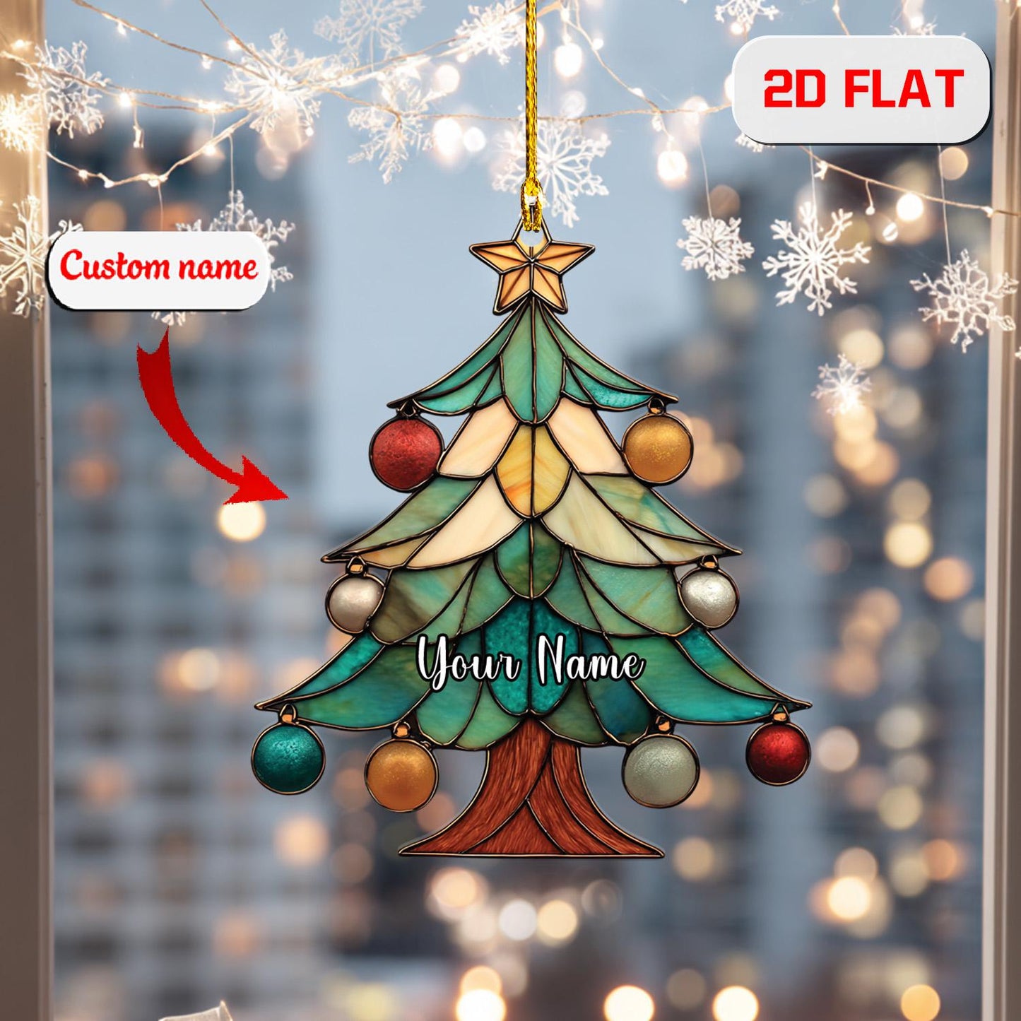 Personalized Christmas Tree Ornament, Custom Name Holiday Ornament, Festive Xmas Tree Decor, Stained Glass Style Ornament, Gift Idea