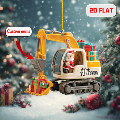 Personalized Excavator Ornament, Custom Name Construction Christmas Ornament, Santa Driving Digger Holiday Decor, Kids Xmas Gift Idea