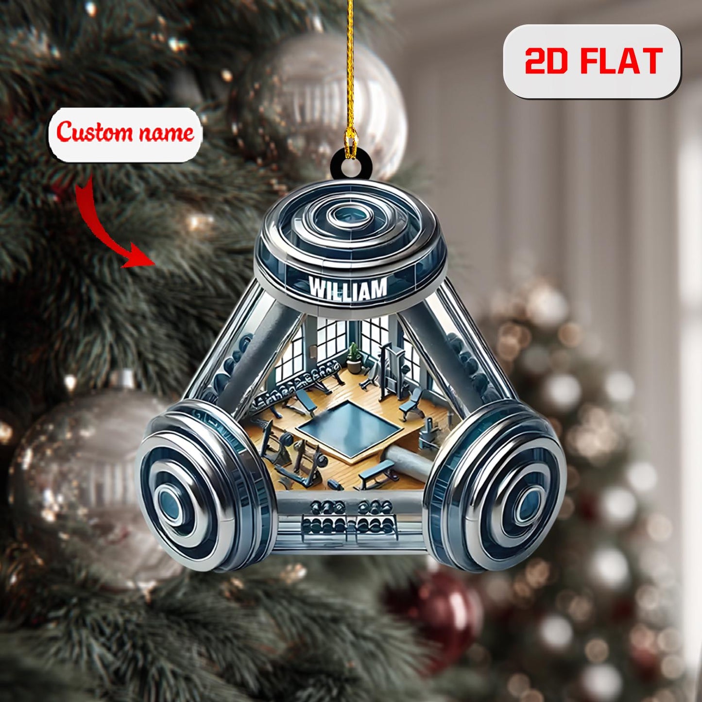 Personalized Gym Ornament, Custom Name Fitness Christmas Ornament, Bodybuilding Holiday Decor, Workout Lover Gift, Weightlifting Ornament