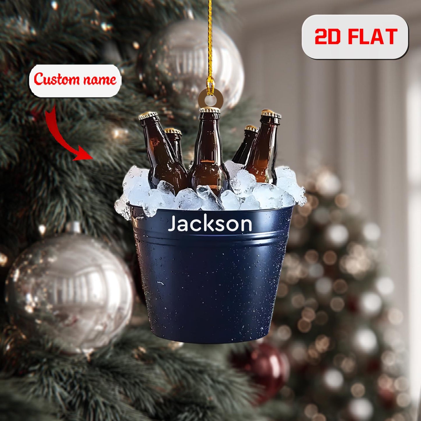 Personalized Beer Bucket Ornament, Custom Name Christmas Ornament with Bottles on Ice, Funny Holiday Bar Decor, Drinking Gift for Him
