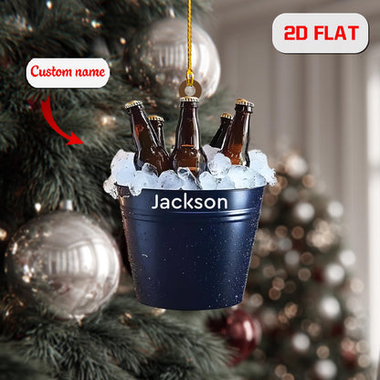 Personalized Beer Bucket Ornament, Custom Name Christmas Ornament with Bottles on Ice, Funny Holiday Bar Decor, Drinking Gift for Him