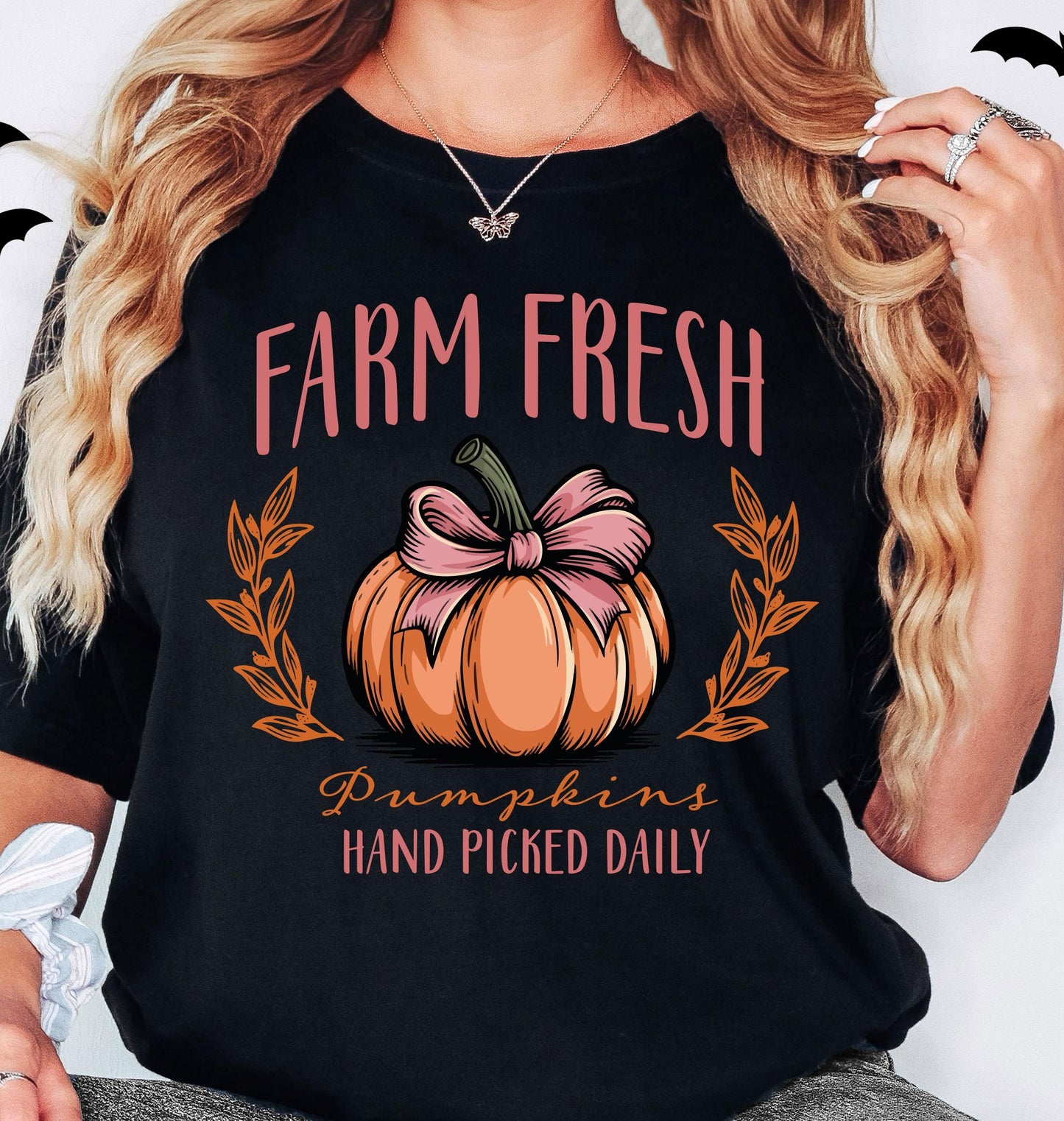 Farm Fresh Pumpkins Shirt, Coquette Bow Pumpkin Shirt, Pumpkins Hand Picked Daily Gift, Pumpkin Thanksgiving Sweatshirt, Fall Holiday Hoodie