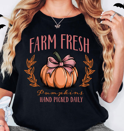 Farm Fresh Pumpkins Shirt, Coquette Bow Pumpkin Shirt, Pumpkins Hand Picked Daily Gift, Pumpkin Thanksgiving Sweatshirt, Fall Holiday Hoodie