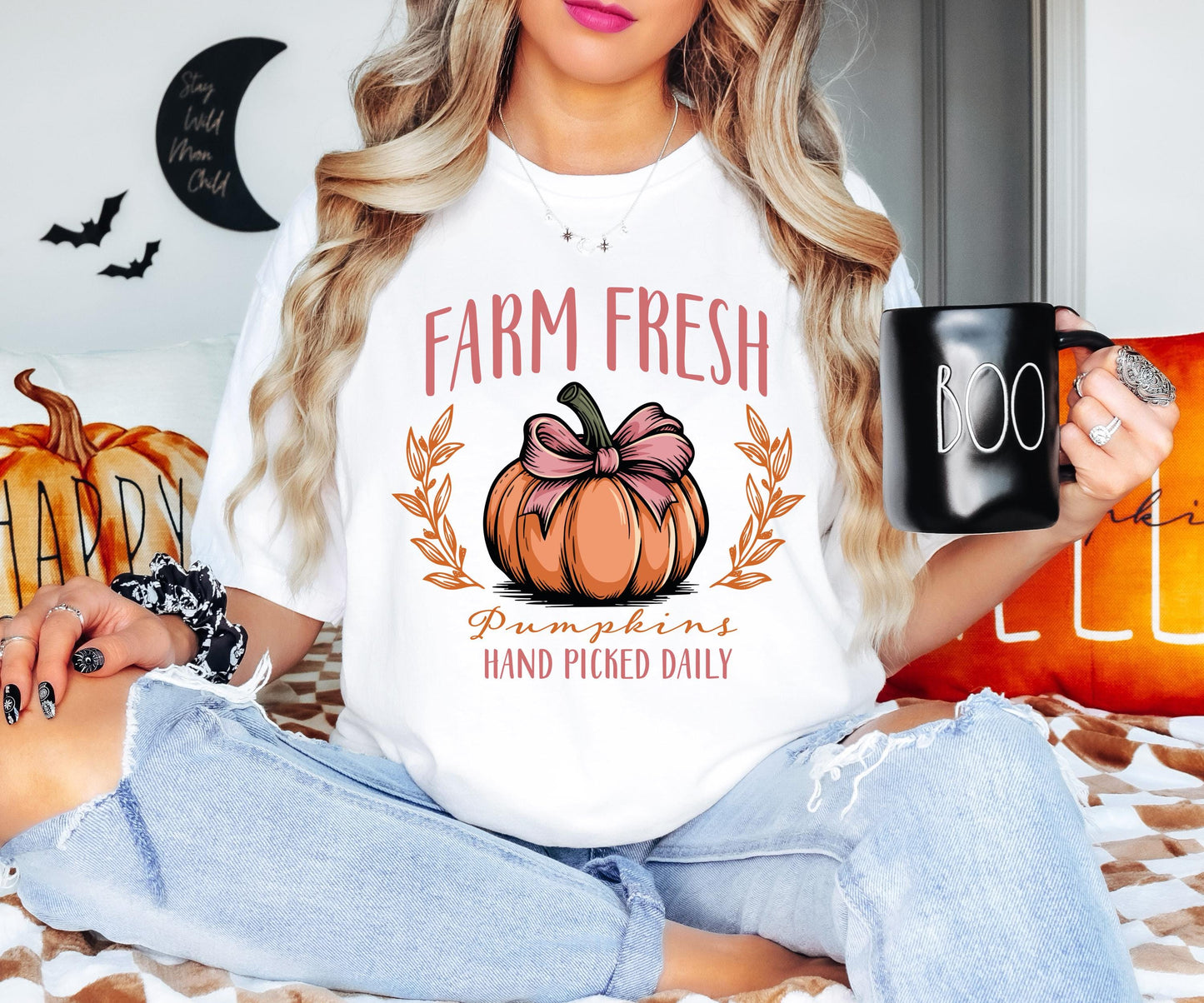 Farm Fresh Pumpkins Shirt, Coquette Bow Pumpkin Shirt, Pumpkins Hand Picked Daily Gift, Pumpkin Thanksgiving Sweatshirt, Fall Holiday Hoodie