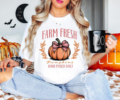 Farm Fresh Pumpkins Shirt, Coquette Bow Pumpkin Shirt, Pumpkins Hand Picked Daily Gift, Pumpkin Thanksgiving Sweatshirt, Fall Holiday Hoodie