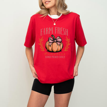 Farm Fresh Pumpkins Shirt, Coquette Bow Pumpkin Shirt, Pumpkins Hand Picked Daily Gift, Pumpkin Thanksgiving Sweatshirt, Fall Holiday Hoodie