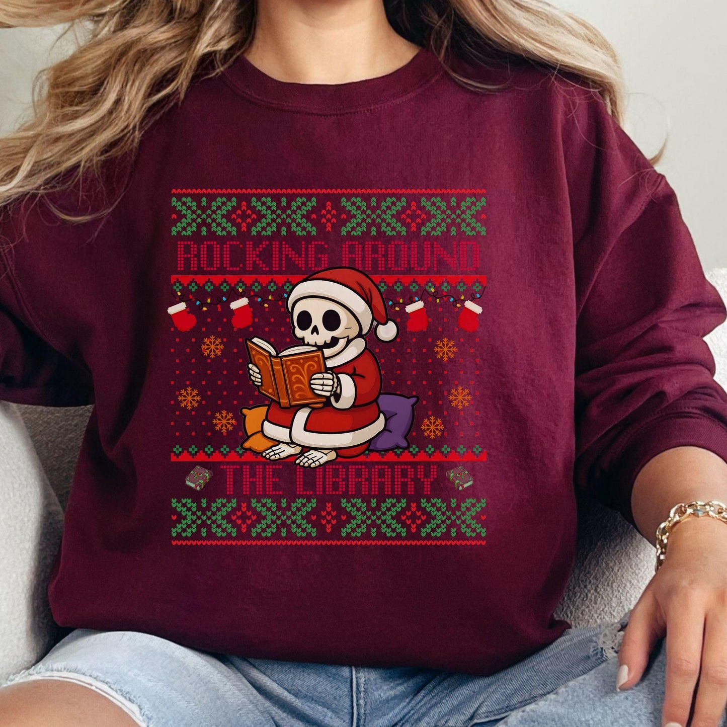 Rockin' Around the Christmas Tree Shirt Ugly Christmas Book Lover Sweatshirt Funny Skeleton Shirt Santa Claus Sweatshirt
