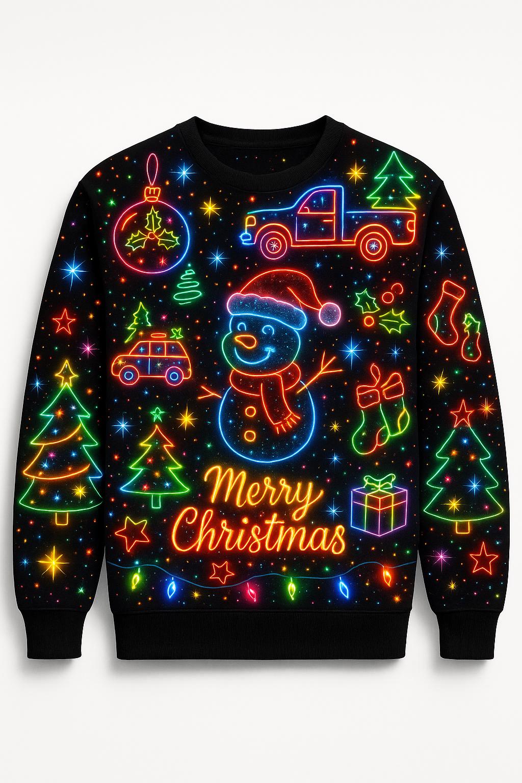 Ugly Christmas Sweater Neon Lights, Funny Snowman Xmas Sweatshirt, Colorful Holiday Party Outfit, Merry Christmas Gift Top