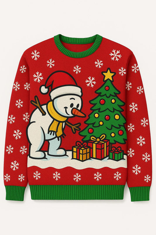 Christmas Sweater Red, Cute Snowman Xmas Tree Sweatshirt, Holiday Party Outfit, Funny Winter Gift Pullover