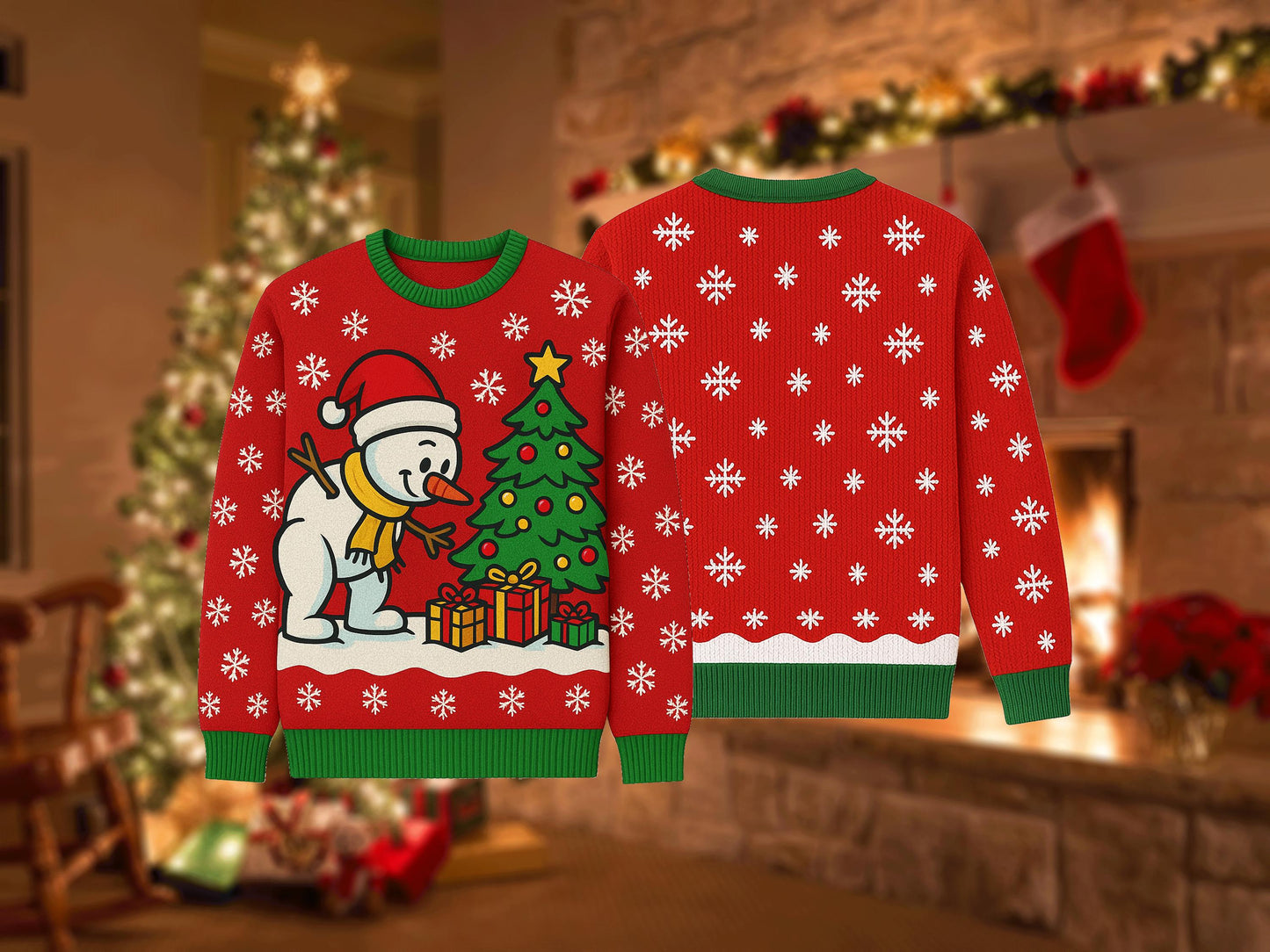 Christmas Sweater Red, Cute Snowman Xmas Tree Sweatshirt, Holiday Party Outfit, Funny Winter Gift Pullover