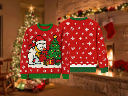 Christmas Sweater Red, Cute Snowman Xmas Tree Sweatshirt, Holiday Party Outfit, Funny Winter Gift Pullover