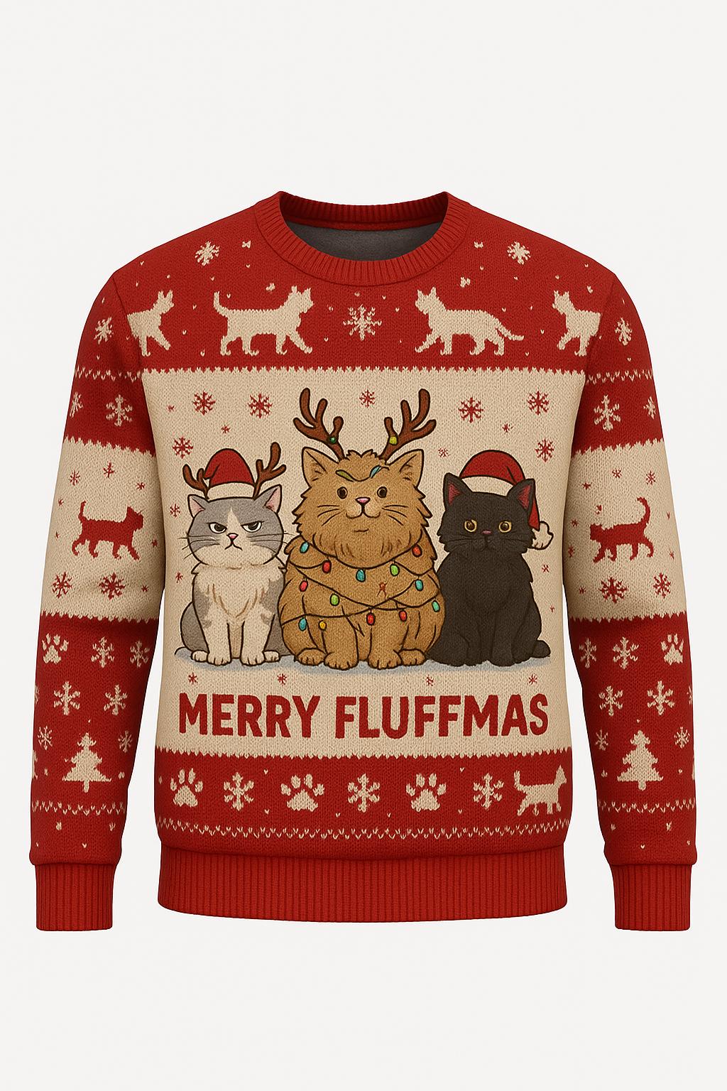 Ugly Christmas Sweater Cats, Funny Merry Fluffmas Xmas Sweatshirt, Holiday Party Outfit, Cute Cat Lover Winter Gift Pullover