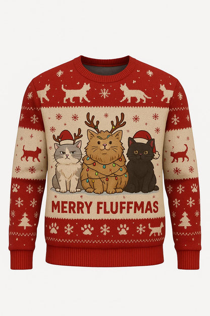 Ugly Christmas Sweater Cats, Funny Merry Fluffmas Xmas Sweatshirt, Holiday Party Outfit, Cute Cat Lover Winter Gift Pullover