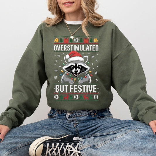 Funny Overstimulated Raccoon Christmas Sweatshirt: Ugly Holiday