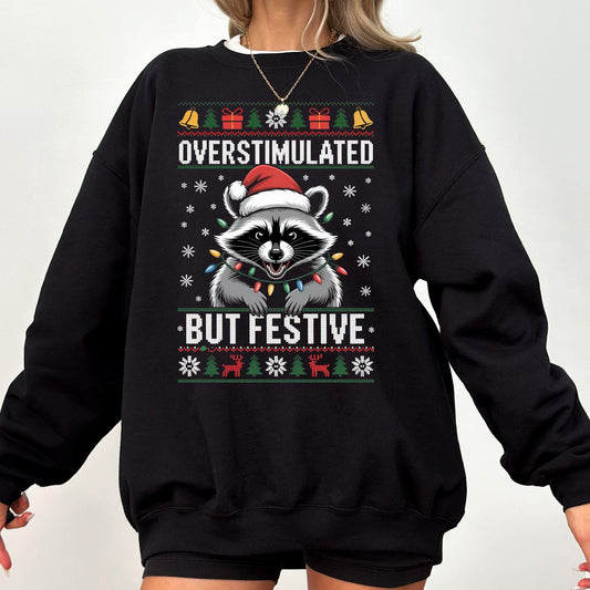 Funny Overstimulated Raccoon Christmas Sweatshirt: Ugly Holiday