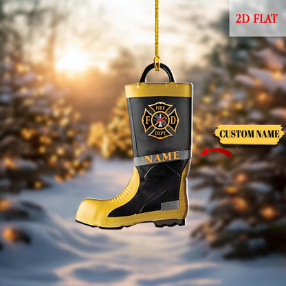 Personalized Firefighter Boots Winter Tree Ornament, Firefighter Armor Boot, Firefighter Gear Keepsake, Fireman Ornament, Firefighter Gift