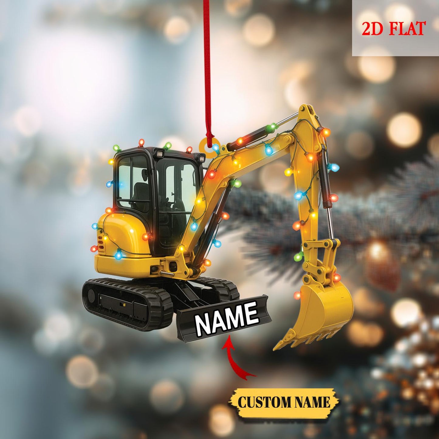 Custom Name Excavator Led Light Christmas Ornament, Christmas Hanging Flat 2D Ornament Acrylic, Machine Ornament, Construction Gift