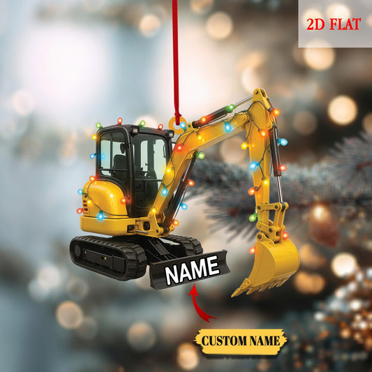 Custom Name Excavator Led Light Christmas Ornament, Christmas Hanging Flat 2D Ornament Acrylic, Machine Ornament, Construction Gift