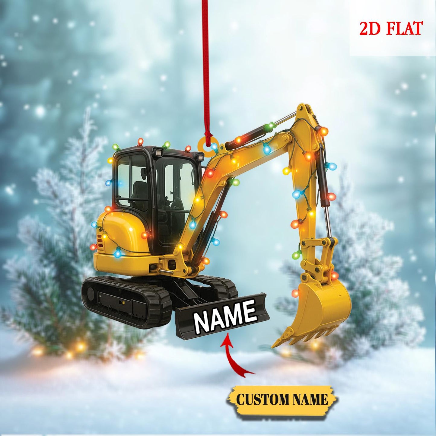 Custom Name Excavator Led Light Christmas Ornament, Christmas Hanging Flat 2D Ornament Acrylic, Machine Ornament, Construction Gift
