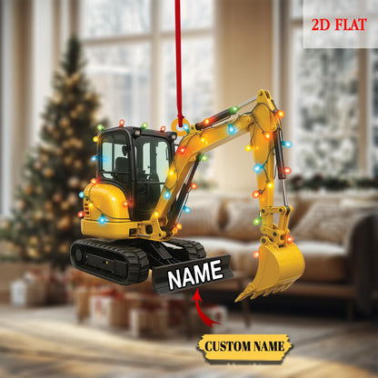 Custom Name Excavator Led Light Christmas Ornament, Christmas Hanging Flat 2D Ornament Acrylic, Machine Ornament, Construction Gift