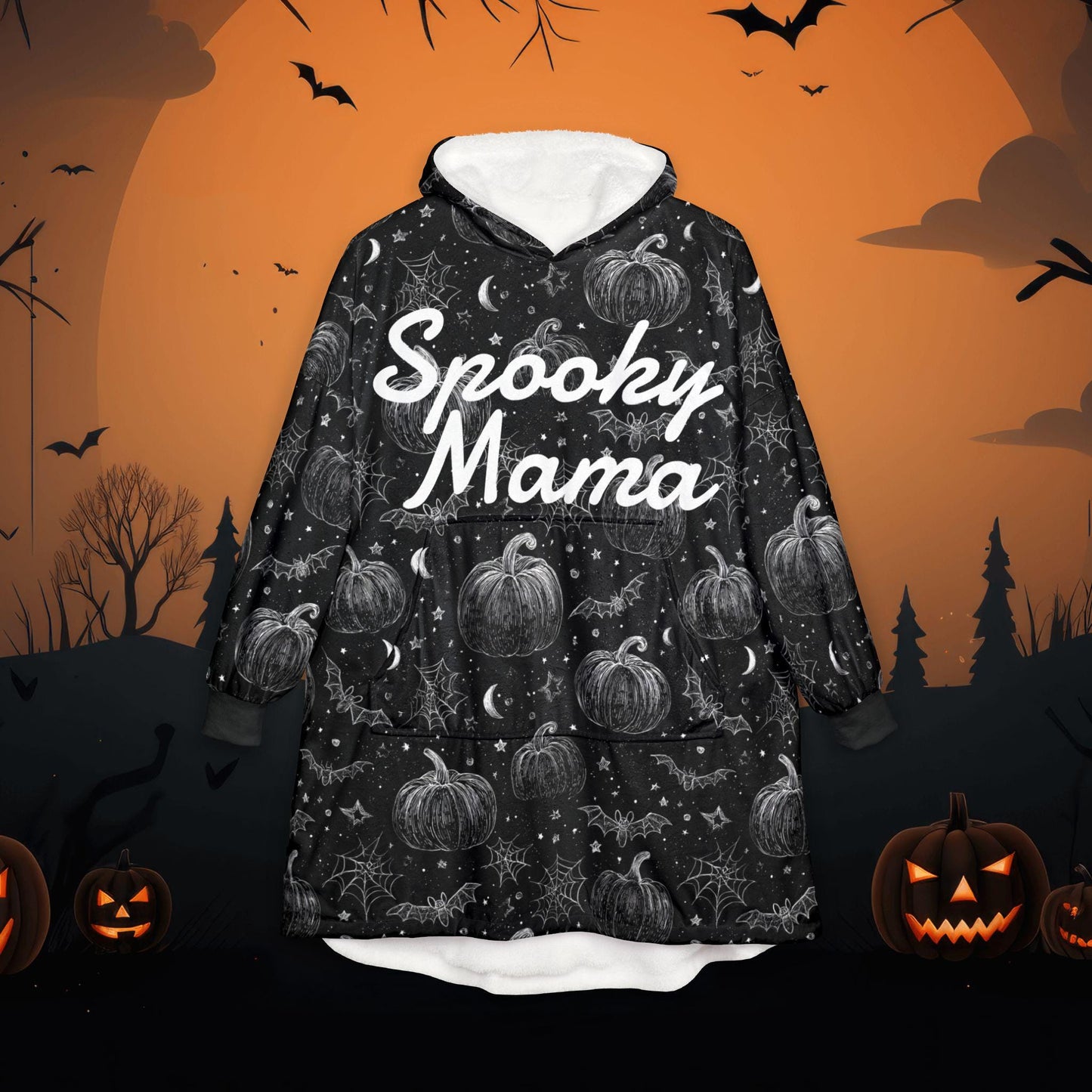 Spooky Mama Halloween Bat Hooded Blanket - Cozy Fall Gift for Mom, Witchy Mama Wearable Snuggle Hoodie, Pumpkin Ghost Apparel, Boo Crew