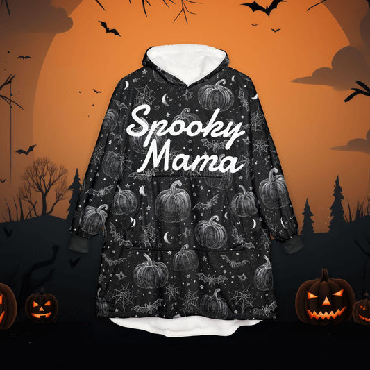 Spooky Mama Halloween Bat Hooded Blanket - Cozy Fall Gift for Mom, Witchy Mama Wearable Snuggle Hoodie, Pumpkin Ghost Apparel, Boo Crew