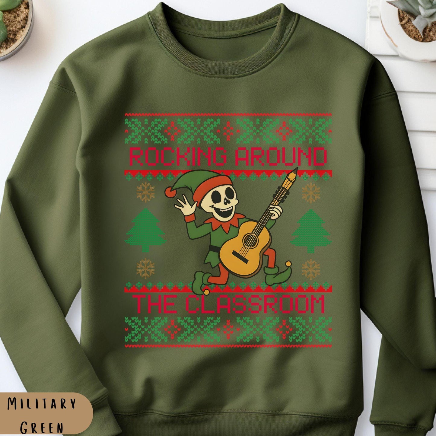 Rockin' around the Christmas Tree Shirt Ugly Christmas Sweater For Teacher Dancing Skeleton Sweatshirt Funny Christmas Sweater