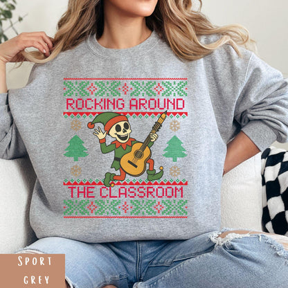 Rockin' around the Christmas Tree Shirt Ugly Christmas Sweater For Teacher Dancing Skeleton Sweatshirt Funny Christmas Sweater