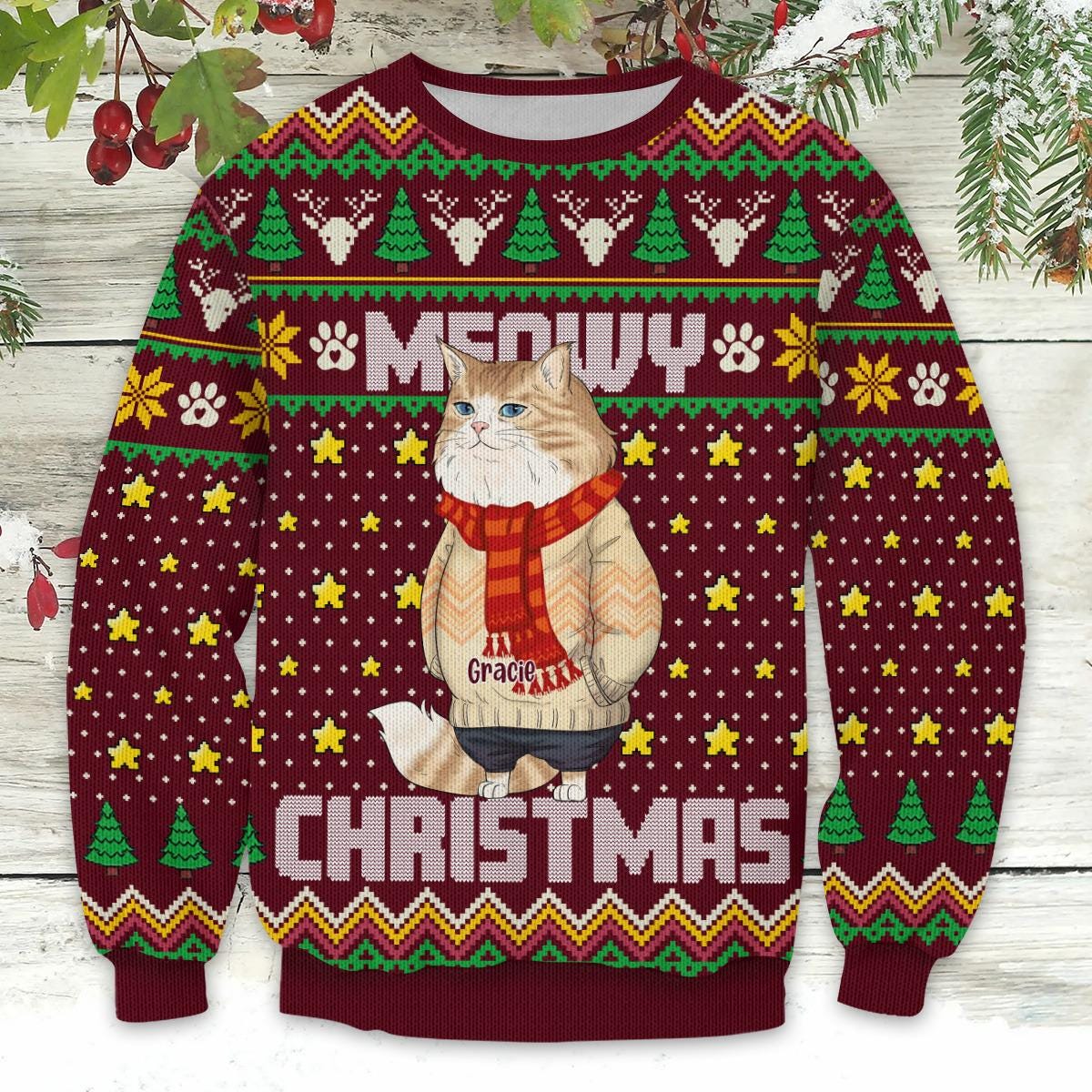 Personalized Funny Cat Ugly Sweatshirt, Meowy Xmas Sweater, Funny Cat Lovers Gifts, Holiday Sweatshirt, Christmas Gift, Funny Xmas Gift