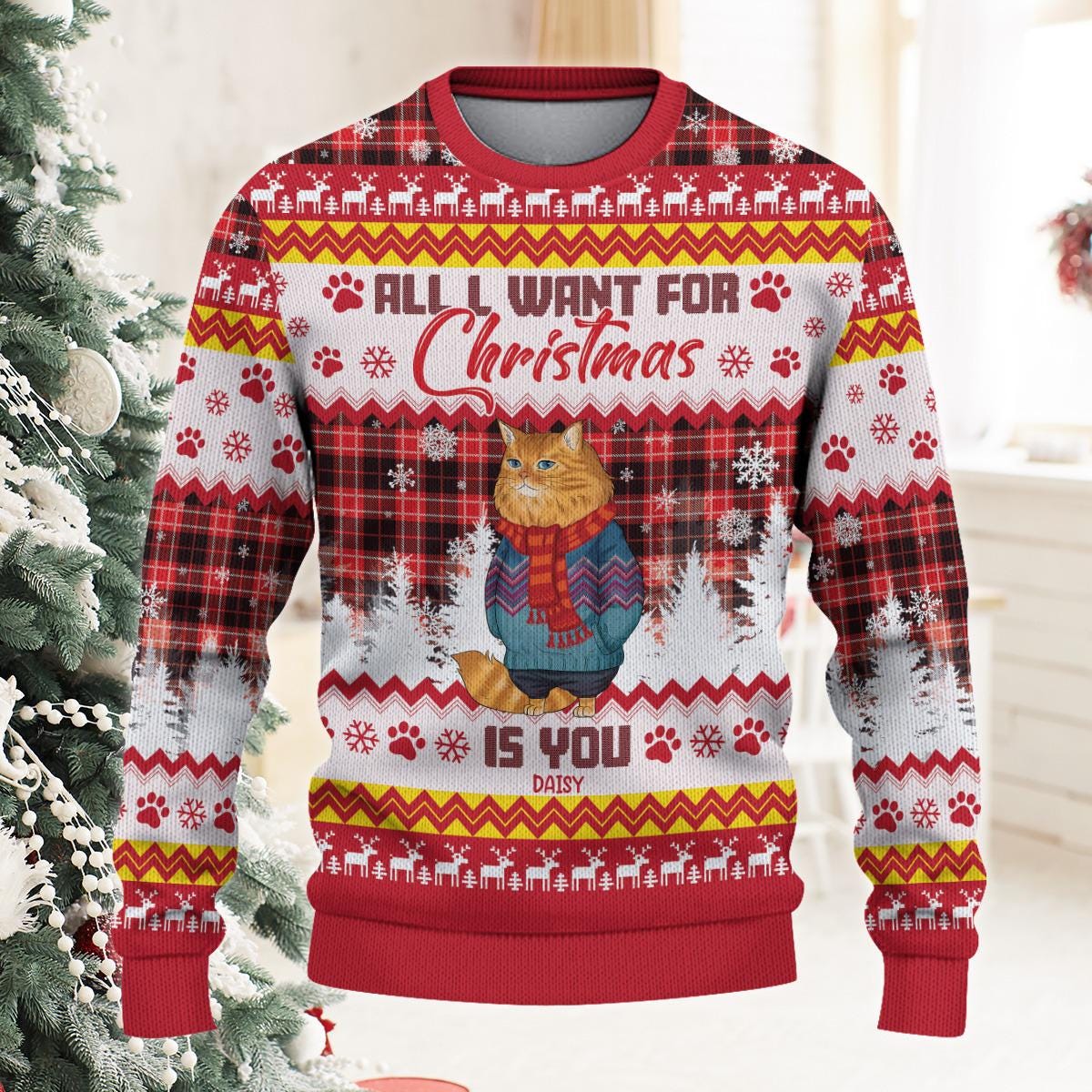 Personalized Funny Cat Ugly Sweatshirt, I Want For Christmas Is You, Cat Lovers Gifts, Holiday Sweatshirt, Christmas Gift, Funny Xmas Gift