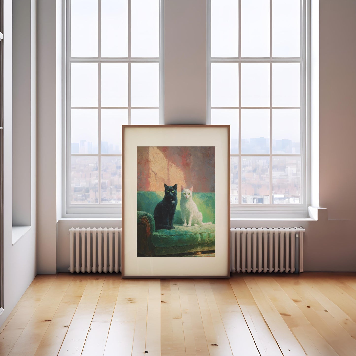 Black and White Cats on Green Sofa Fine Art Print | Cute Quirky Whimsical | Cocktail Art | Bar Cart Decor | Trendy Home Wall Art Gift