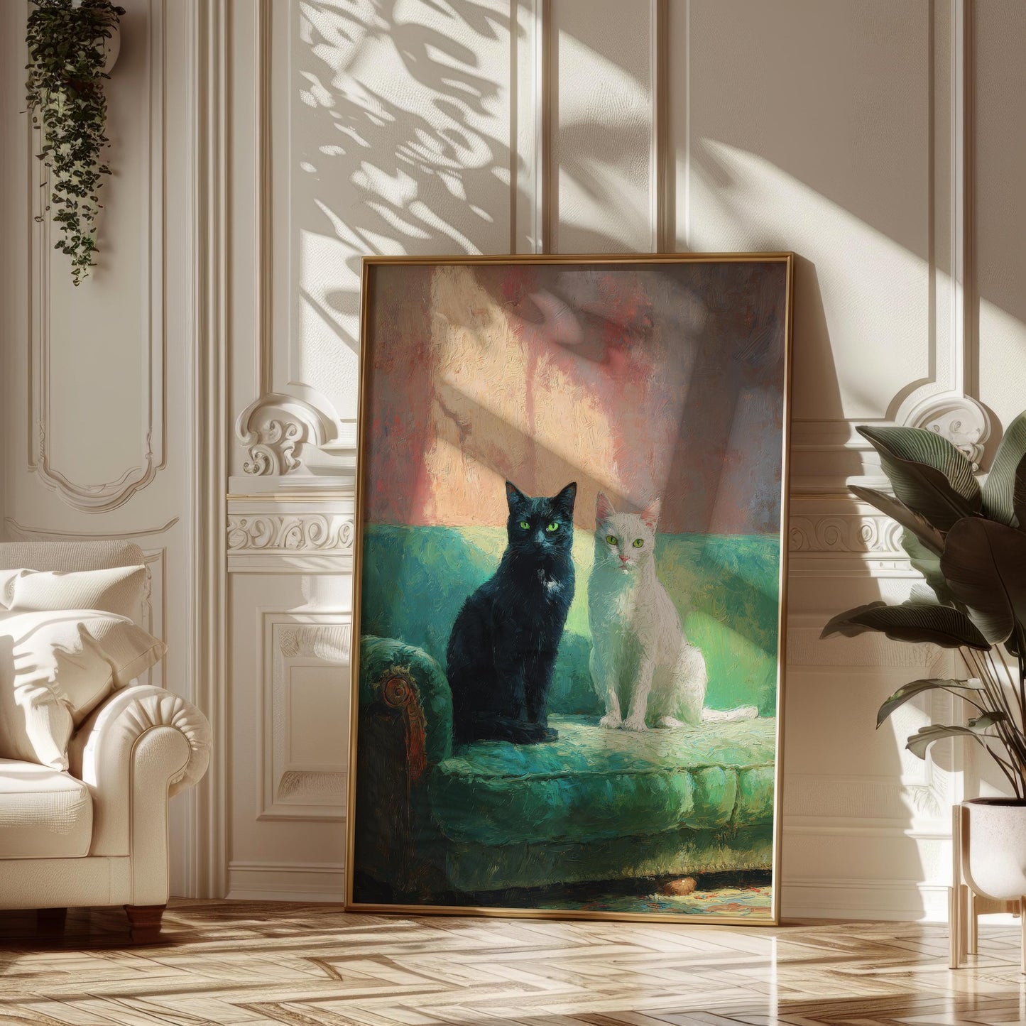 Black and White Cats on Green Sofa Fine Art Print | Cute Quirky Whimsical | Cocktail Art | Bar Cart Decor | Trendy Home Wall Art Gift