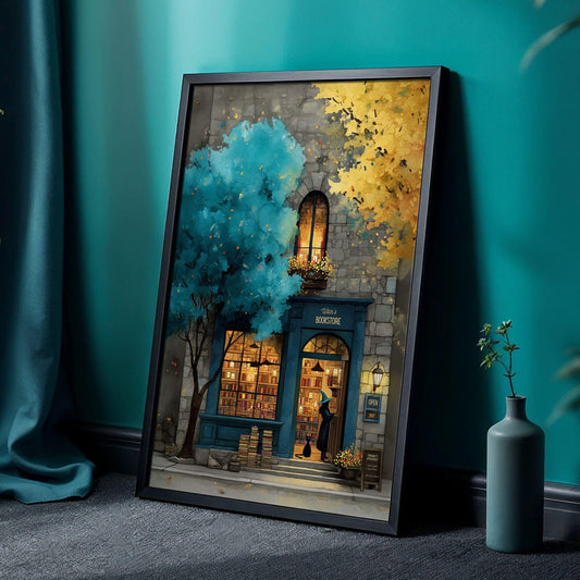 Watercolor Wall Art Poster Autumn Halloween Print Cozy Bookstore Shop Illustration Rustic Fall Decor Black Cat Cottagecore Poster Print