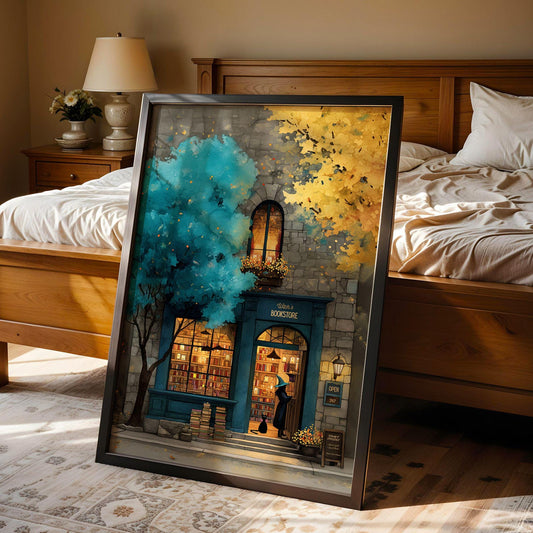 Watercolor Wall Art Poster Autumn Halloween Print Cozy Bookstore Shop Illustration Rustic Fall Decor Black Cat Cottagecore Poster Print