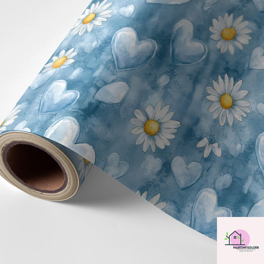 Blue Heart Daisy Wrapping Paper: Plant-Based Cotton Paper, Romantic Watercolor Style, Wedding Anniversary Gift Wrapping Paper