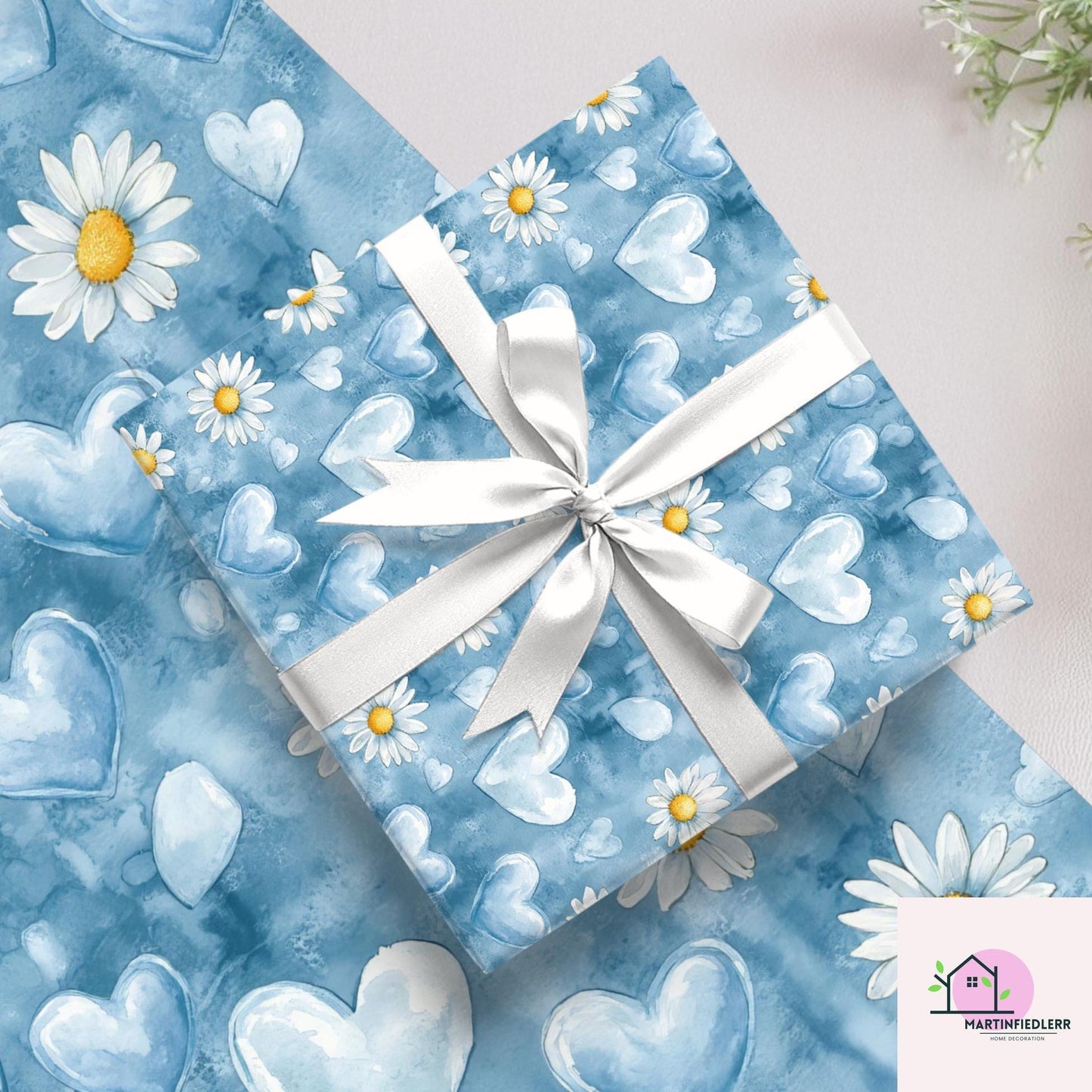 Blue Heart Daisy Wrapping Paper: Plant-Based Cotton Paper, Romantic Watercolor Style, Wedding Anniversary Gift Wrapping Paper
