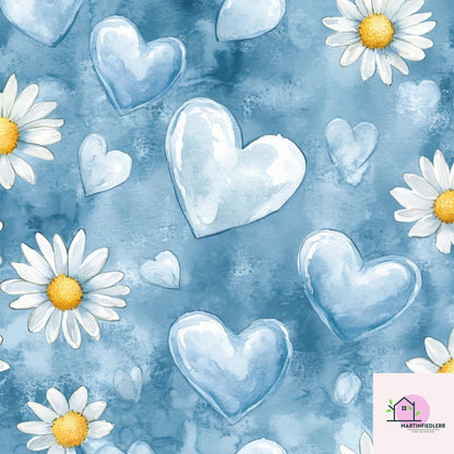 Blue Heart Daisy Wrapping Paper: Plant-Based Cotton Paper, Romantic Watercolor Style, Wedding Anniversary Gift Wrapping Paper