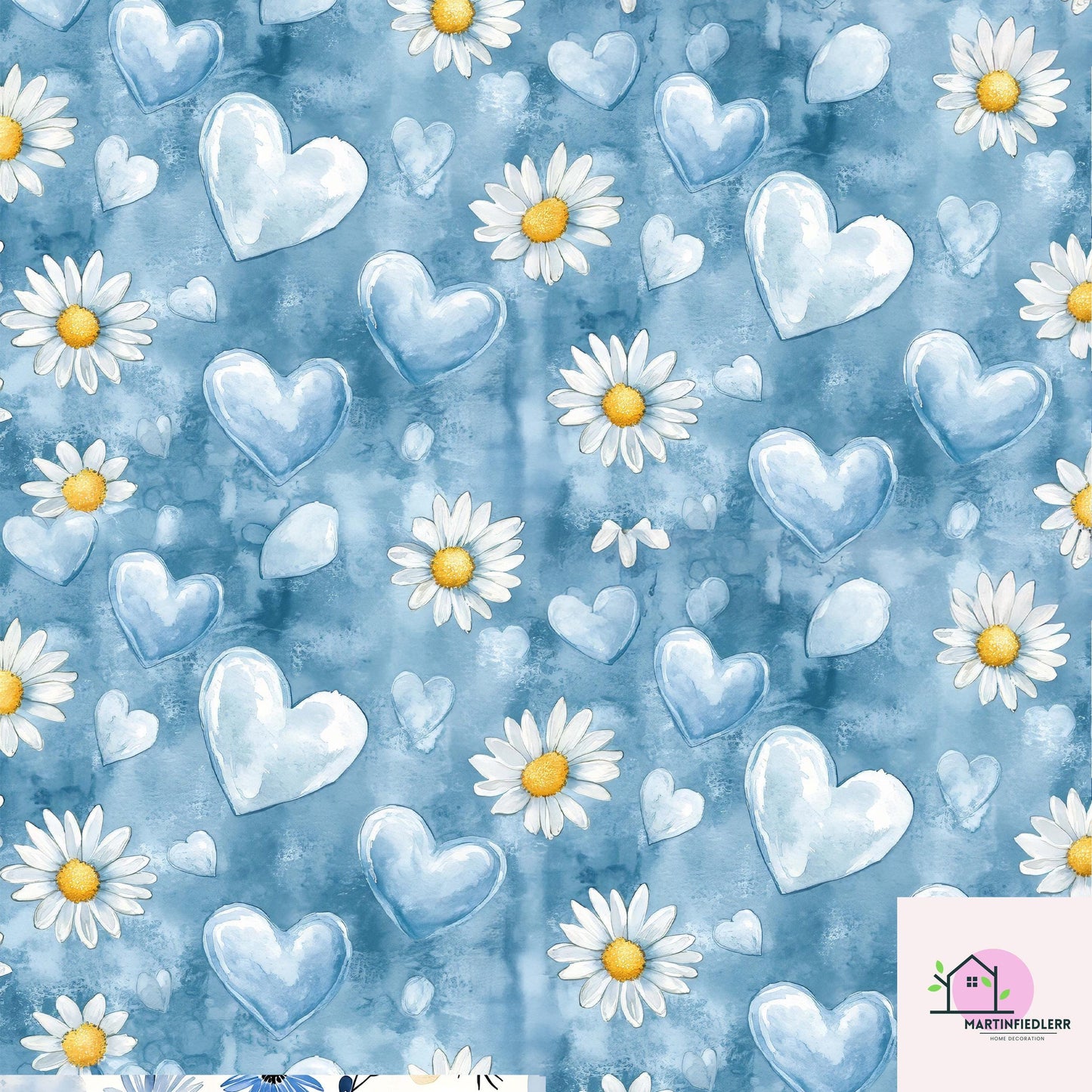 Blue Heart Daisy Wrapping Paper: Plant-Based Cotton Paper, Romantic Watercolor Style, Wedding Anniversary Gift Wrapping Paper