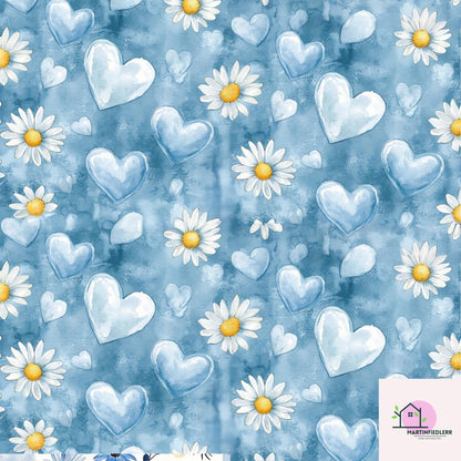 Blue Heart Daisy Wrapping Paper: Plant-Based Cotton Paper, Romantic Watercolor Style, Wedding Anniversary Gift Wrapping Paper