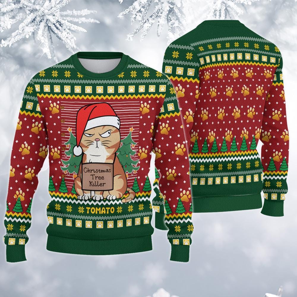 Personalized Funny Cat Christmas Ugly Sweatshirt, Christmas Tree Killer Sweater, Holiday Sweatshirt, Gift for Cat Lovers, Xmas Gift