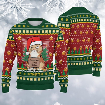 Personalized Funny Cat Christmas Ugly Sweatshirt, Christmas Tree Killer Sweater, Holiday Sweatshirt, Gift for Cat Lovers, Xmas Gift