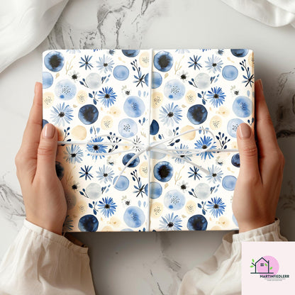 Blue Blossom Watercolor Wrapping Paper: Modern Floral Recycled Paper
