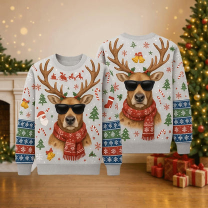 Ugly Christmas Sweater Reindeer Cool, Funny Sunglasses Xmas Sweatshirt, Holiday Party Outfit, Novelty Winter Gift Pullover